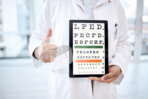 Image of Hands thumbs up, tablet screen and eye chart in hospital for vision examination in clinic. Healthcare, snellen technology or woman, optometrist or doctor with thumbsup emoji and letters for eyes test