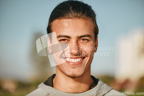 Image of Face, portrait and smile of fitness man in nature ready to start exercise, workout or training. Sports, wellness and happy male athlete from Canada with exercising goals, targets and motivation.