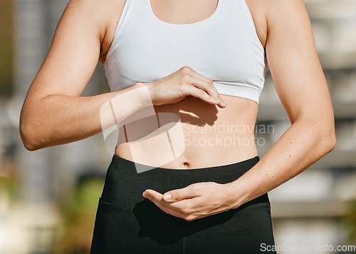 Image of Hands frame, fitness and stomach for diet wellness, body health or abs muscle growth in workout, training or exercise. Weight loss, sports and woman with liposuction, tummy tuck or gut digestion.