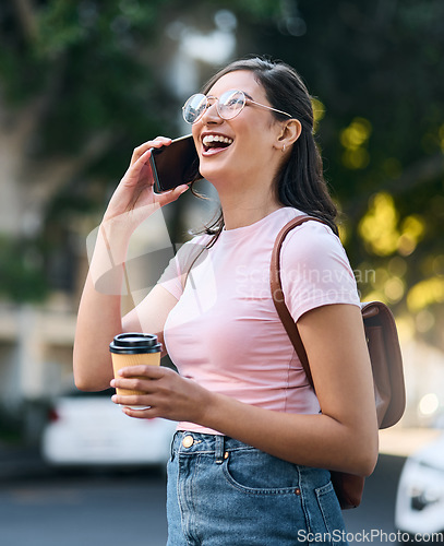 Image of Travel, smile or student woman with phone call in morning for communication, networking or speaking in street. London, university or girl on 5g smartphone walking in city, street or road outdoor park