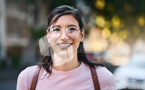 Image of Mockup, portrait and woman in a city for travel, holiday and vacation on blurred background. Face, girl and student traveller relax downtown for fun, break and explore urban street, smile and happy