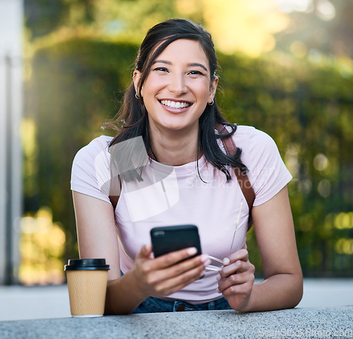 Image of Asian woman, phone and portrait with coffee of a person in a London garden happy about travel. Networking, online communication and text of a traveler on cellphone with blurred background on app