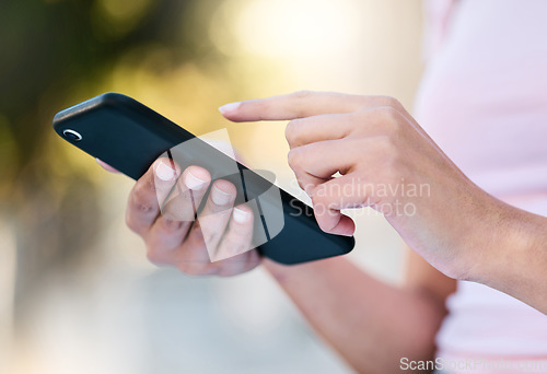 Image of Phone scroll, woman hands and mobile networking of a person doing urban travel with 5g connection. Digital gps, hand and zoom of a young person on social media or reading text with blurred background