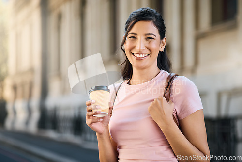 Image of Travel, coffee and woman portrait by a city building with freedom on a urban adventure in Italy. Relax, smile and morning drink of a young person on vacation with happiness and backpack outdoor