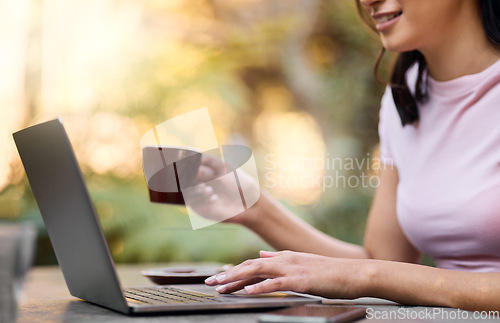 Image of Nature, hand search or woman with laptop on park in morning for social media, networking or reading comic blog. Smile, coffee or girl on 5g technology for freedom, web or internet news communication