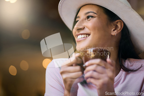 Image of Relax, cafe and woman on mockup with coffee, happy and smile while thinking on bokeh background. Restaurant, tea and contemplation by smiling girl relaxing with beverage, break and joy at coffee shop