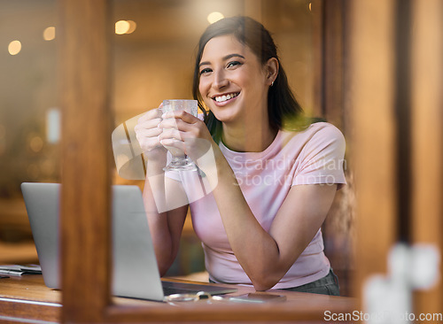 Image of Coffee shop, laptop and face of woman with remote work, online management career and virtual networking job with smile. Happy woman working in a restaurant or cafe with lunch break and portrait