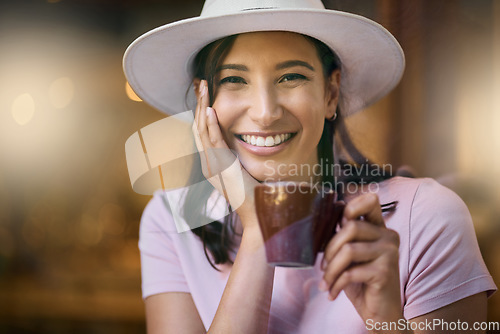 Image of Portrait, coffee and woman relax at a cafe, smile and happy on against a blurred background. Face, tea and girl at a restaurant for break, chilling and off day leisure on the weekend with mockup