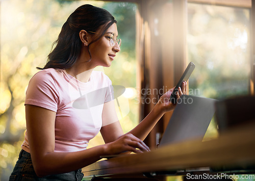 Image of Research, phone and laptop with woman in cafe browsing for social media, internet and digital. Technology, remote work and contact with girl reading online at table for freelancer, news and planning