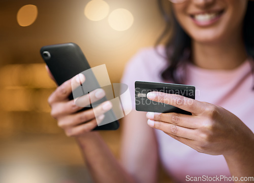 Image of Online shopping, mockup and credit card by woman with mockup for advertising, ecommerce and bokeh background. Online, banking and debit card with girl happy for payment, subscription and transfer app