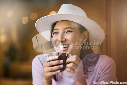 Image of Cafe, relax and woman on mockup with coffee, happy and smile while sitting on bokeh background. Restaurant, tea and happiness by cheerful girl relaxing with a beverage, excited and at a coffee shop
