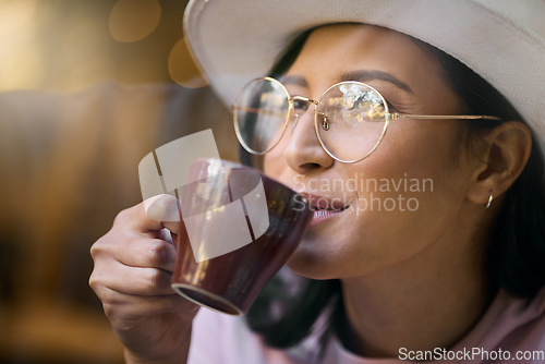 Image of Mockup, coffee and woman relax at a cafe, smile and happy against a blurred background. Face, tea and girl tourist at a restaurant for break, chilling and leisure on the weekend, peaceful and calm