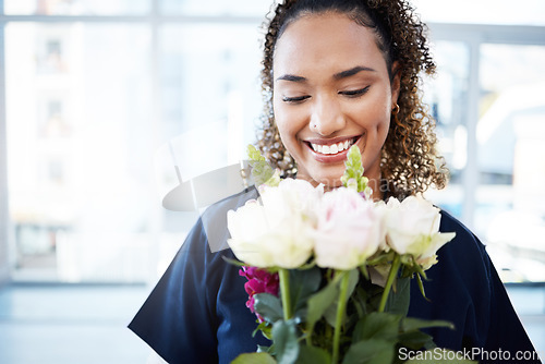 Image of Woman, face and happy for valentines day flowers, love and care as gift for kindness, birthday or romance. Doctor person with rose flower bouquet and mockup space with gratitude, happiness and hope