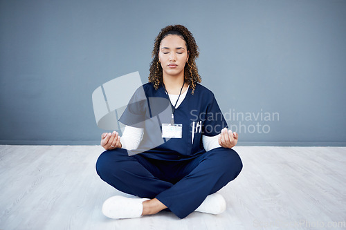 Image of Nurse, calm or sitting meditation on hospital mockup, clinic mock up or wall for mental health, peace or chakra wellness. Doctor, healthcare or meditating woman for zen mindset, relax energy or yoga