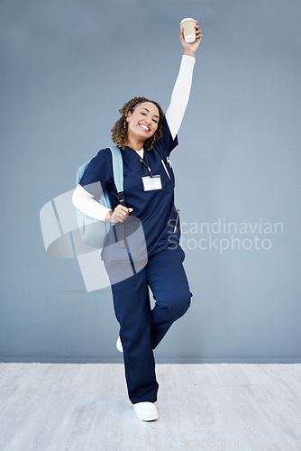 Image of Woman, portrait or excited in medical school success, hospital internship goals or medicine university dream. Smile, happy or nurse and backpack, coffee or motivation on isolated mockup for education