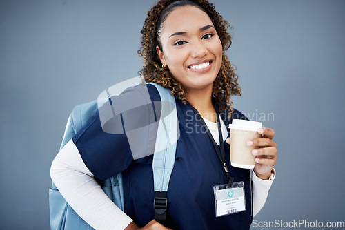 Image of Doctor, portrait and backpack for medical student, hospital internship or medicine university on isolated wall mockup. Smile, happy and woman and coffee, nurse ideas or healthcare goals for learning
