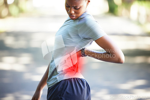 Image of Sports, fitness and black woman with back pain in park for exercise, running workout and marathon training. Health, x ray anatomy and girl athlete with muscle strain, joint ache and spine wellness