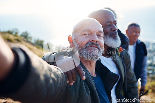 Image of Senior hiking selfie, blue sky and nature walk of elderly men together ion a mountain. Friends, trekking adventure and happiness of old people outdoor for health, wellness and fitness on a journey