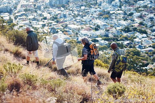 Image of Hiking, city and group of old men on mountain for fitness, trekking and backpacking adventure. Explorer, discovery and expedition with friends mountaineering for health, retirement and journey