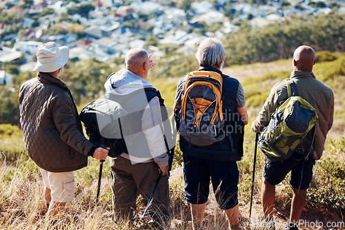 Image of Hiking, city and relax with old men on mountain for fitness, trekking and backpacking adventure. Explorer, discovery and expedition with friends mountaineering for health, retirement and journey