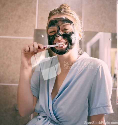 Image of Brushing teeth, facial mask and portrait of a woman at night doing self care and wellness. Home treatment, bathroom and dental hygiene of a young person doing skincare and dermatology in a house