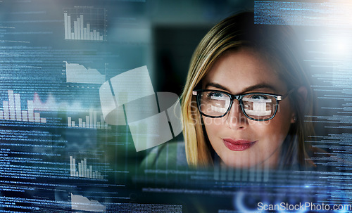 Image of Fintech, futuristic hologram and woman on computer for online finance, stock trading and data analysis. Digital transformation, software overlay and face of girl for financial analytics on 3d screen