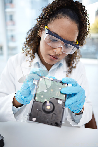 Image of Computer hardware, inspection and black woman electrician with electronic cpu, circuit and microchip. Technology maintenance, programming and female technician fix coding, motherboard and processor