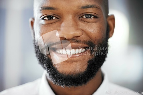 Image of Black man, happy business and portrait smile of financial manager, corporate executive and trust in office. Face, happiness and vision of employee, worker and leader with motivation of growth mindset