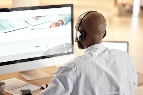 Image of Call center, computer consulting or black man research for telemarketing, contact us CRM or telecom information. Customer service or employee for online e commerce, website consultant or contact us