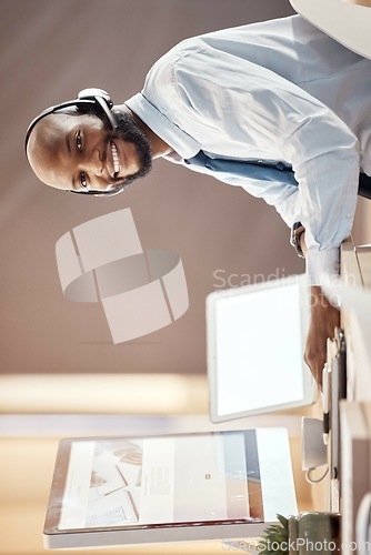 Image of Blank computer screen, call center and portrait of black man on a telemarketing office call. Customer service, web support and contact us employee with a smile from online consulting job and career