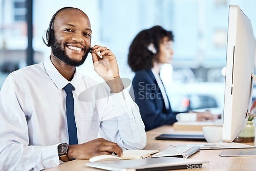 Image of Crm portrait , telemarketing and black man in a ecommerce consultant sales office. Customer service, web support and contact us employee with a smile from online call center job and communication