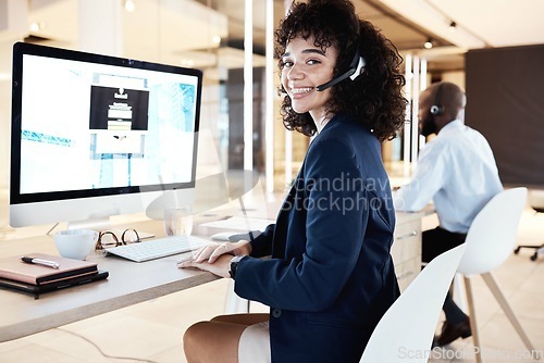 Image of Computer screen, call center portrait and black woman working on a digital office call. Customer service, web support and contact us employee with a smile from online consulting job and career