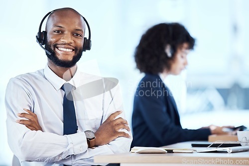 Image of Customer service consultant, happy portrait and black man telemarketing on contact us CRM or telecom. Call center communication, online e commerce and information technology consulting on microphone