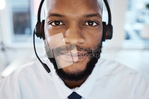 Image of Customer service consultant, face portrait and black man telemarketing on contact us CRM or telecom. Call center communication, online e commerce and information technology consulting on microphone