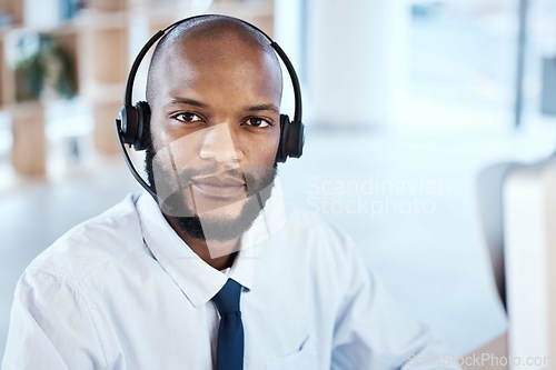 Image of Customer service consultant, face portrait and man telemarketing on contact us CRM or telecom mockup. Call center communication, African e commerce and information technology consulting on microphone