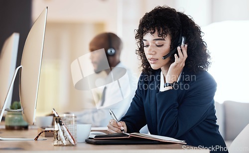 Image of Call center, black woman and writing of a crm, contact us and telemarketing employee. Consultant, web support and computer communication of an online consulting agent working on customer service