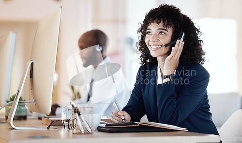 Image of Crm, call center and black woman communication of a lead generation worker on a office call. Customer service, web support and thinking contact us employee with a smile from online consulting job