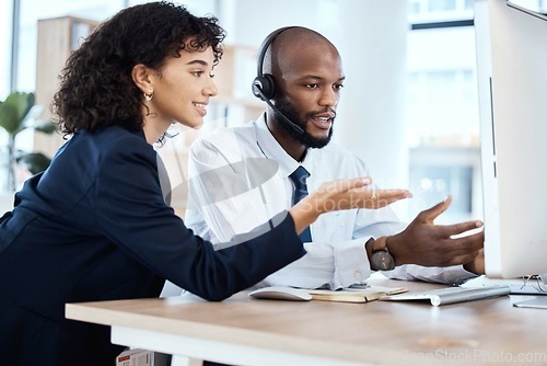 Image of Callcenter, CRM or teamwork on computer for coaching, consulting or networking in office. Customer service, learning or black man and woman on tech for telemarketing, research or strategy support