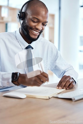 Image of Customer service, consulting notebook and black man writing telemarketing summary for contact us CRM. Call center communication, e commerce telecom or information technology consultant on microphone