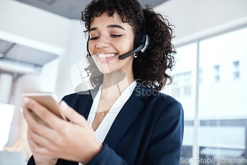 Image of Callcenter, customer service or woman with phone for comic social media, blog news or networking. CRM, search or happy consultant on smartphone for telemarketing, research or online bet app success