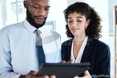 Image of Office tablet, business collaboration and black people review finance portfolio feedback, stock market or investment. Financial economy, forex account manager or trader trading NFT, bitcoin or crypto