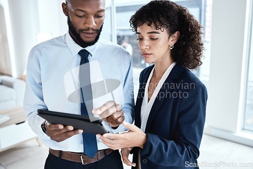 Image of Office tablet, business collaboration or team review finance portfolio feedback, stock market database or investment. Financial economy, forex account manager or trader trading NFT, bitcoin or crypto