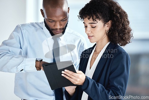 Image of Office tablet, African teamwork and business people review finance portfolio feedback, stock market database or investment. Economy, forex account manager and trader trading NFT, bitcoin or crypto