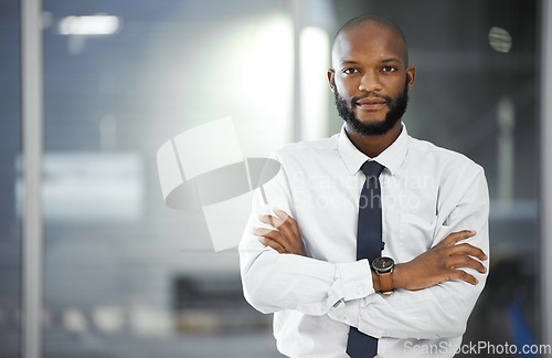 Image of Office portrait, confidence and business man, trader or leader with pride in mission, corporate vision or broker career. Administration mockup, manager success and African person with crossed arms