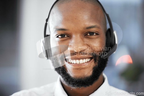 Image of Customer support consulting, face portrait and happy man telemarketing on contact us call center or telecom. E commerce CRM, information technology and African consultant on microphone communication