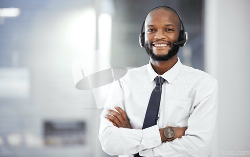 Image of Customer support portrait, happy and black man consulting on telemarketing, contact us CRM or telecom. Call center communication, e commerce mockup and information technology consultant on microphone