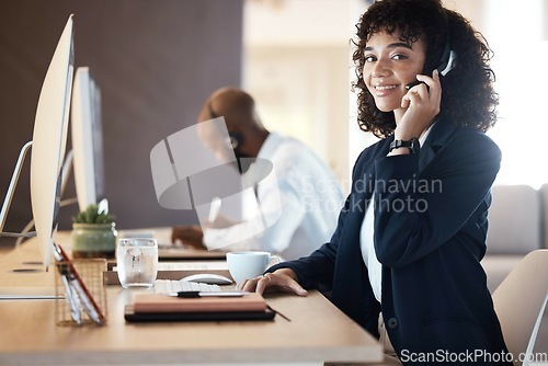 Image of Crm, callcenter portrait and black woman working on lead generation on a office call. Customer service, web support and contact us employee with a smile from online consulting job and career