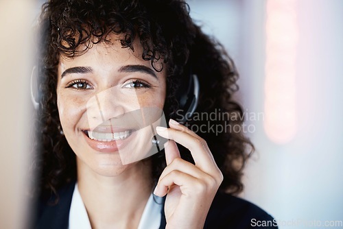 Image of Crm, portrait and black woman consultant of a call center worker on a office call. Customer service, telemarketing and contact us employee with a happy smile from sales and consulting agent job