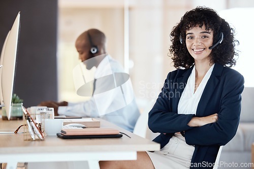 Image of Crm portrait, call center and black woman by a lead generation computer on a office call. Customer service, web support and contact us employee with a smile from online consulting job and career