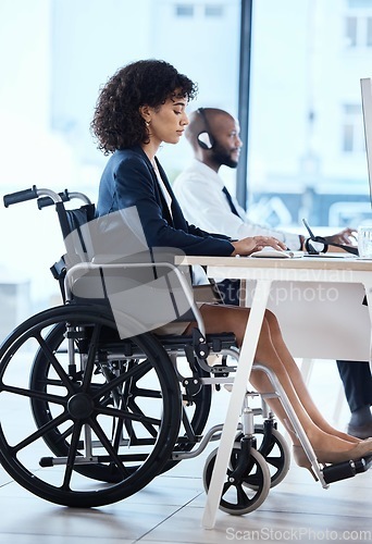 Image of Call center, disability consulting and wheelchair woman telemarketing on contact us CRM or e commerce telecom. Customer service, female and information technology consultant on online communication